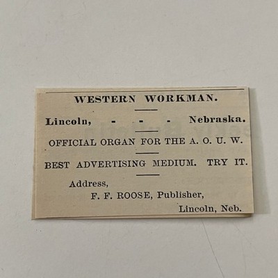 Western Workman F. F. Roose  Lincoln NE 1890 Newspaper Ad SAI7-S12