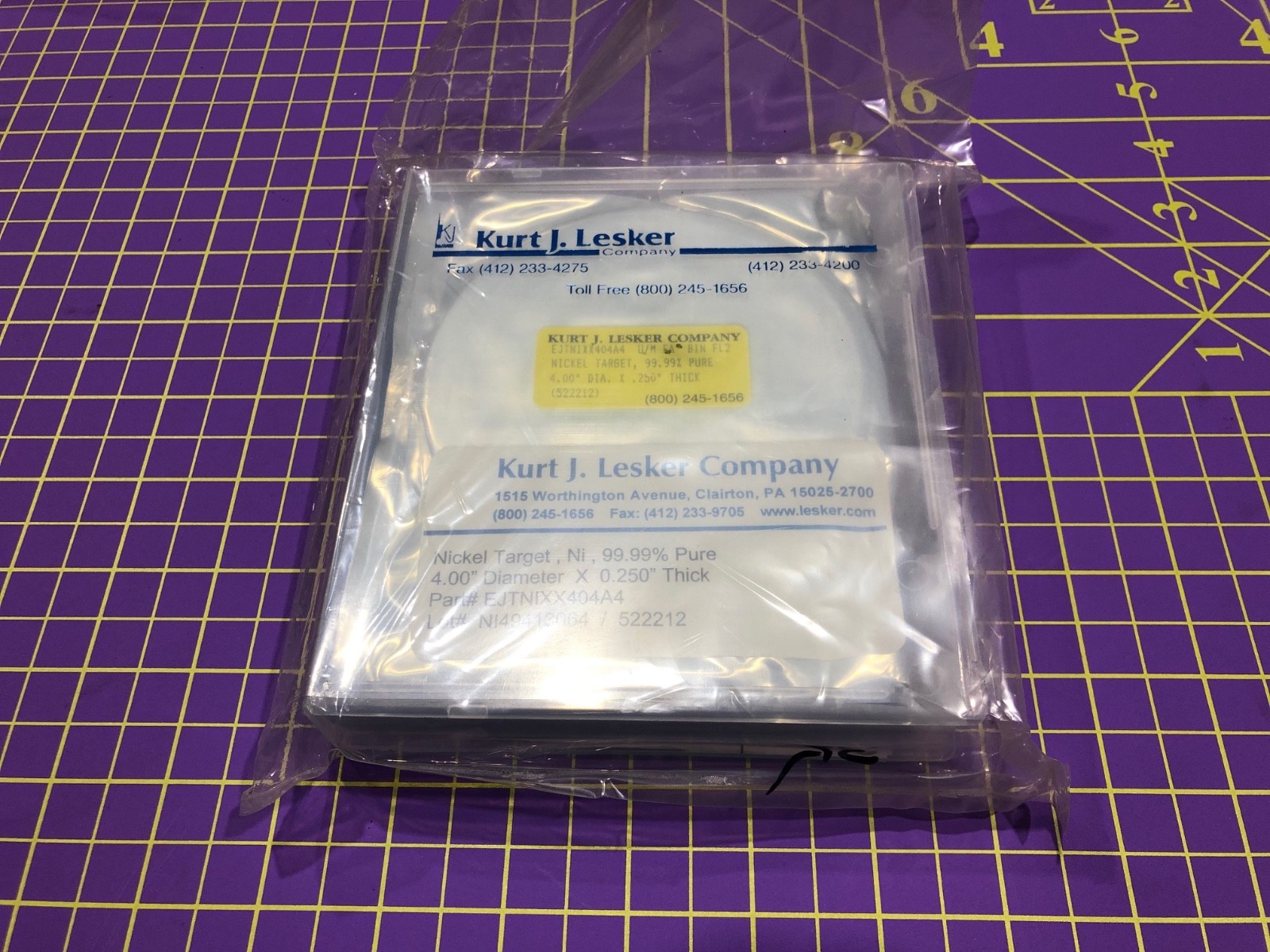 Kurt J. Lesker Nickel Ni Sputter Target 99.99% Pure, 4.00" Dia. x 0.250" Thick