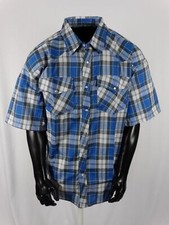 Men Plaid Western Pockets Short Sleeve Shirt Blue Gray Snap Up 3X, 4X