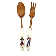 Vtg Wood Spoon Fork Serving Set Salad Server Primitive Kitsch Porcelain Handle