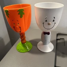 Vintage Happy Ghost Goblet And Happy Pumpkin Plastic cups  Halloween Set of 2