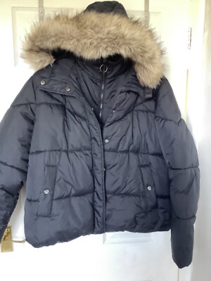 Ladies Puffer Jacket in Black Debenhams Red Herring Faux Fur Trim Hood Size 16
