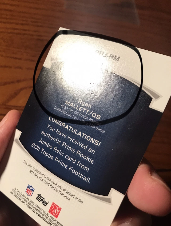 2011 Topps Prime Rookie Jumbo Relics Ryan Mallett PRJ-RM #’d 110/318 - Image 4 of 4