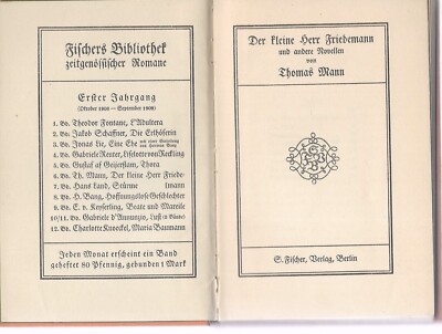Thomas Mann Der kleine Herr Friedemann und andere Novellen  ERSTAUSGABE 1909 WG7
