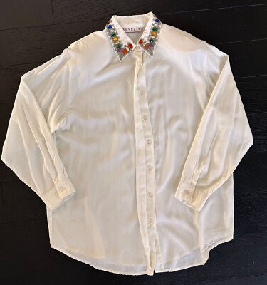 Vintage Venezia Button Up Blouse, Multi Color Jeweled Collar, Size 14/16