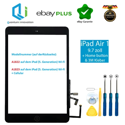 QUANTUM INNOVATION GMBH Apple iPad 5 2017 A1822 A1823 digitalizzatore vetro touchscreen pulsante home +3M nero