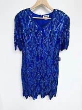 Vtg Mark & John by Gopal Dress Womens L 100% Silk Blue Allover Sequin Beaded NWT