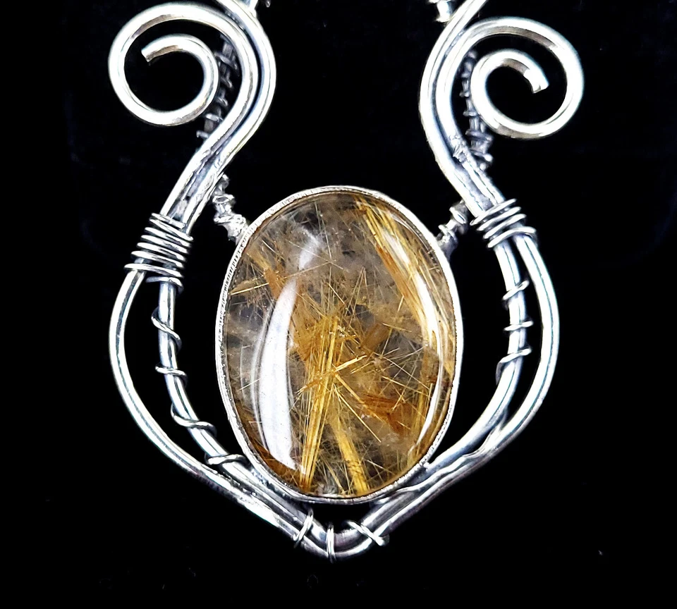 Artigianale Argento Sterling Dorato Rutilato Quarzo Filo Avvolgere Collana 2.75 - Immagine 2 di 4