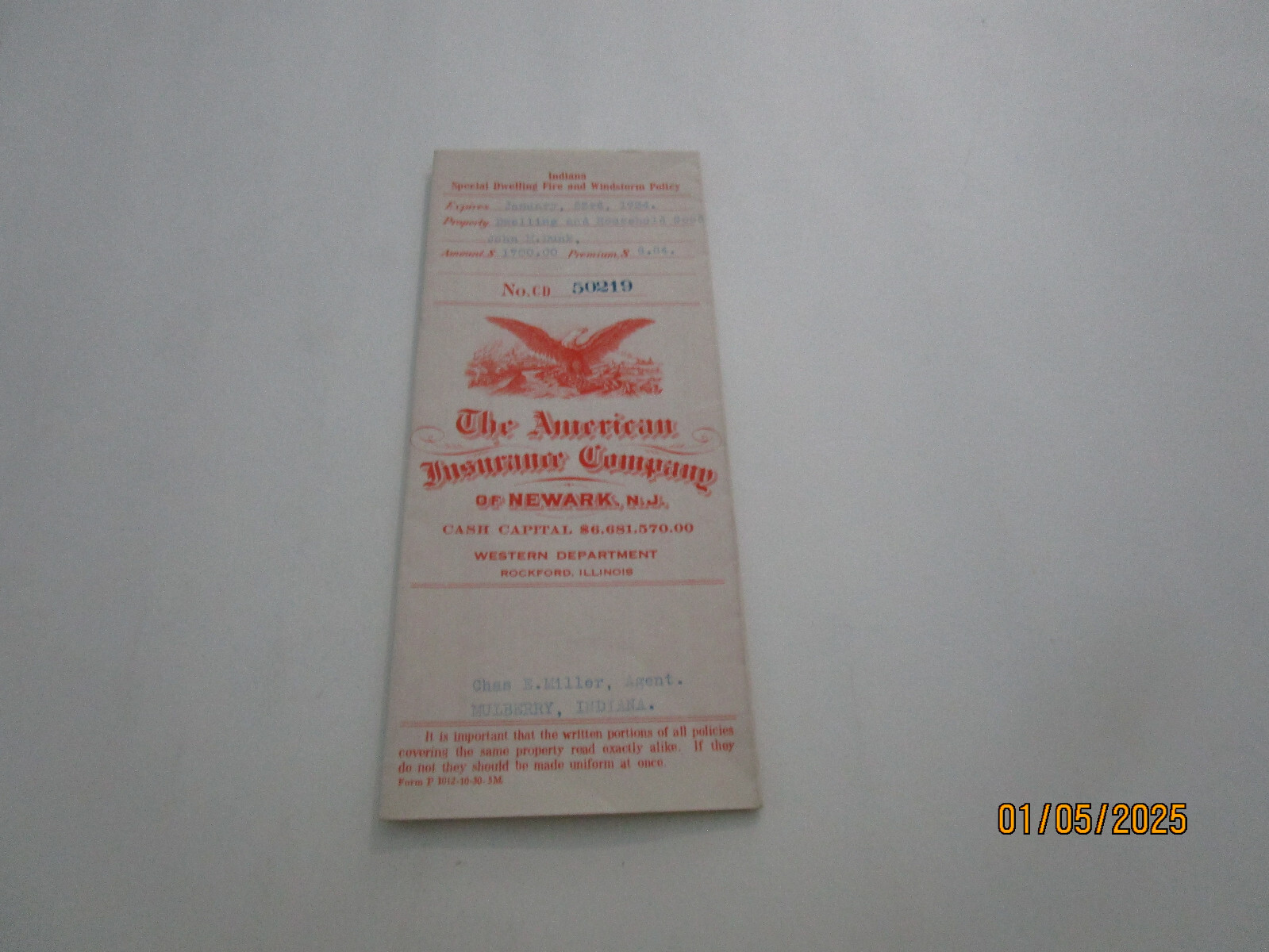 AMERICAN INS CO POLICY $8.84 YEAR NEWARK NJ JOHN M DUNK MULBERRY IND  2 PGS