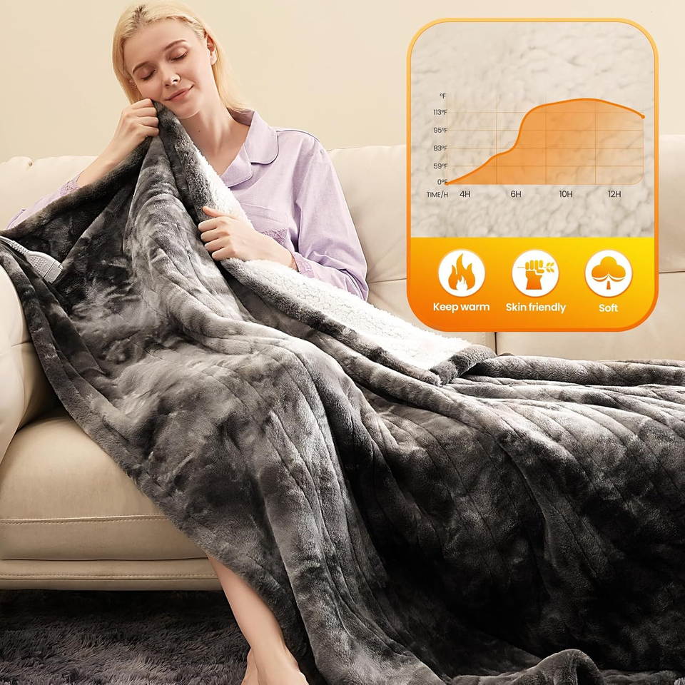 Electric Heated Throw Faux Rabbit Fur Blanket with 6 Heating Levels & 4