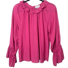 Mille Long Sleeve Ruffle Neck Lightweight Loose Fit Blouse Pink Sz L