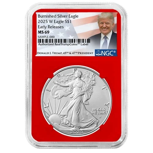 2025-W $1 1-oz Burnished American Silver Eagle NGC MS69 ER Trump Label Red Core