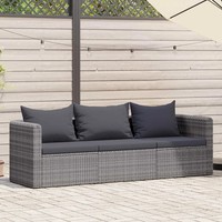 Garten Sofagarnitur 3-Teilig Poly Rattan Grau Mit Kissen Lounge Set