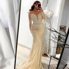 Elegant Mermaid Pearls Evening Dress for Women Luxury Muslim O Neck Long Sleeves