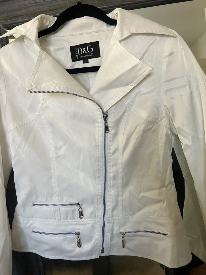 Chaqueta de Moto D&G Dolce & Gabbana Blanca Satinada — Hecha en Italia Diseñador Y2K Foto 2 de 4