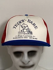 Teddy Bare Fish Cations Marblehead, Ohio Fishing Bear Red Blue Cap Hat Mesh
