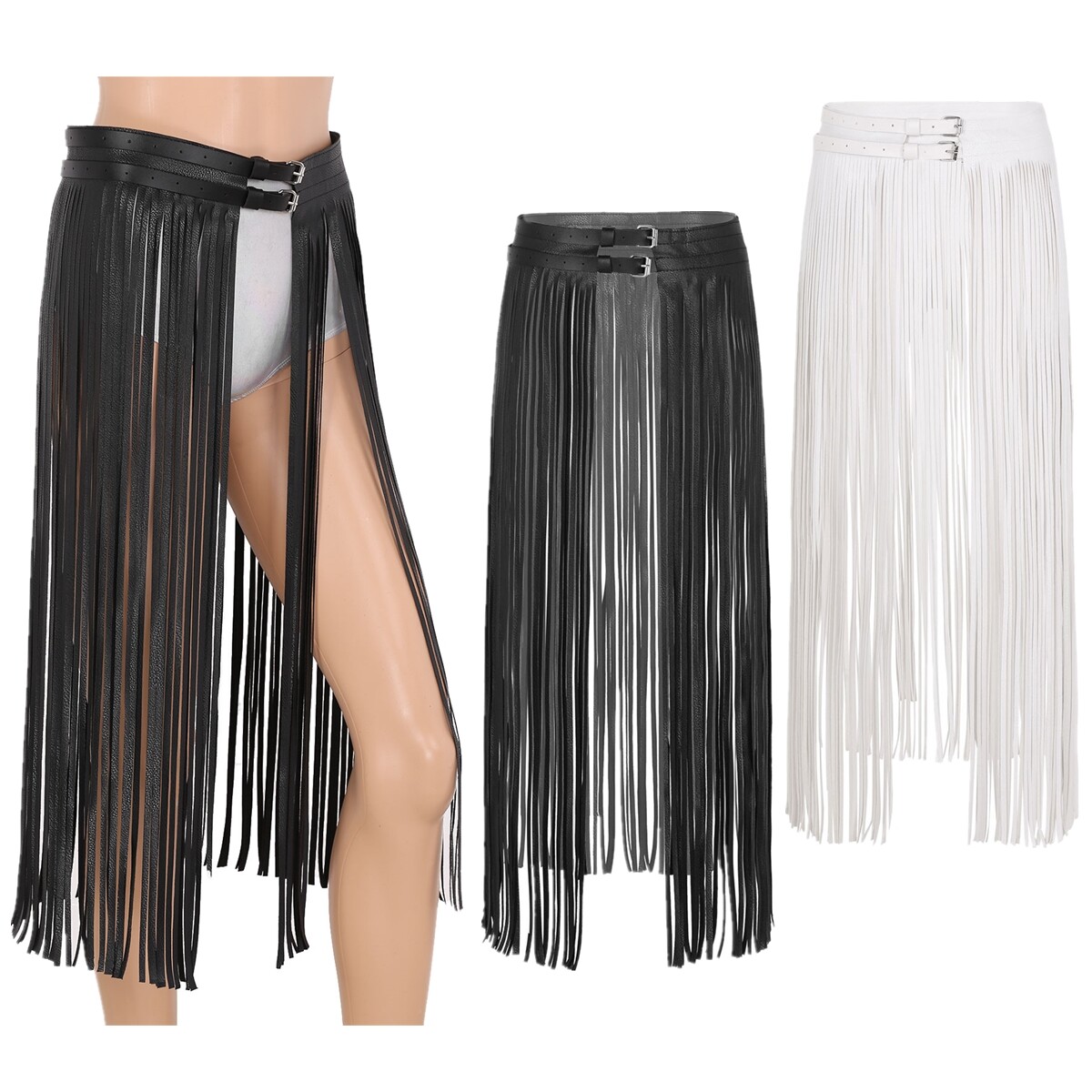 Women Gothic Punk Adjustable Waistband Faux Leather Long 