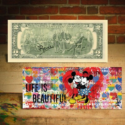 MICKEY & MINNIE MOUSE Life is Beautiful $2 Bill Banksy Art HAND