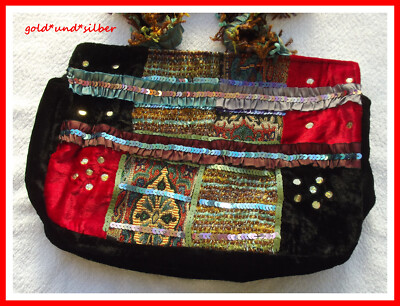 WEIHNACHTEN Damen HANDTASCHE auffällig PAILLETTEN Fransen PATCHWORK Samt VINTAGE