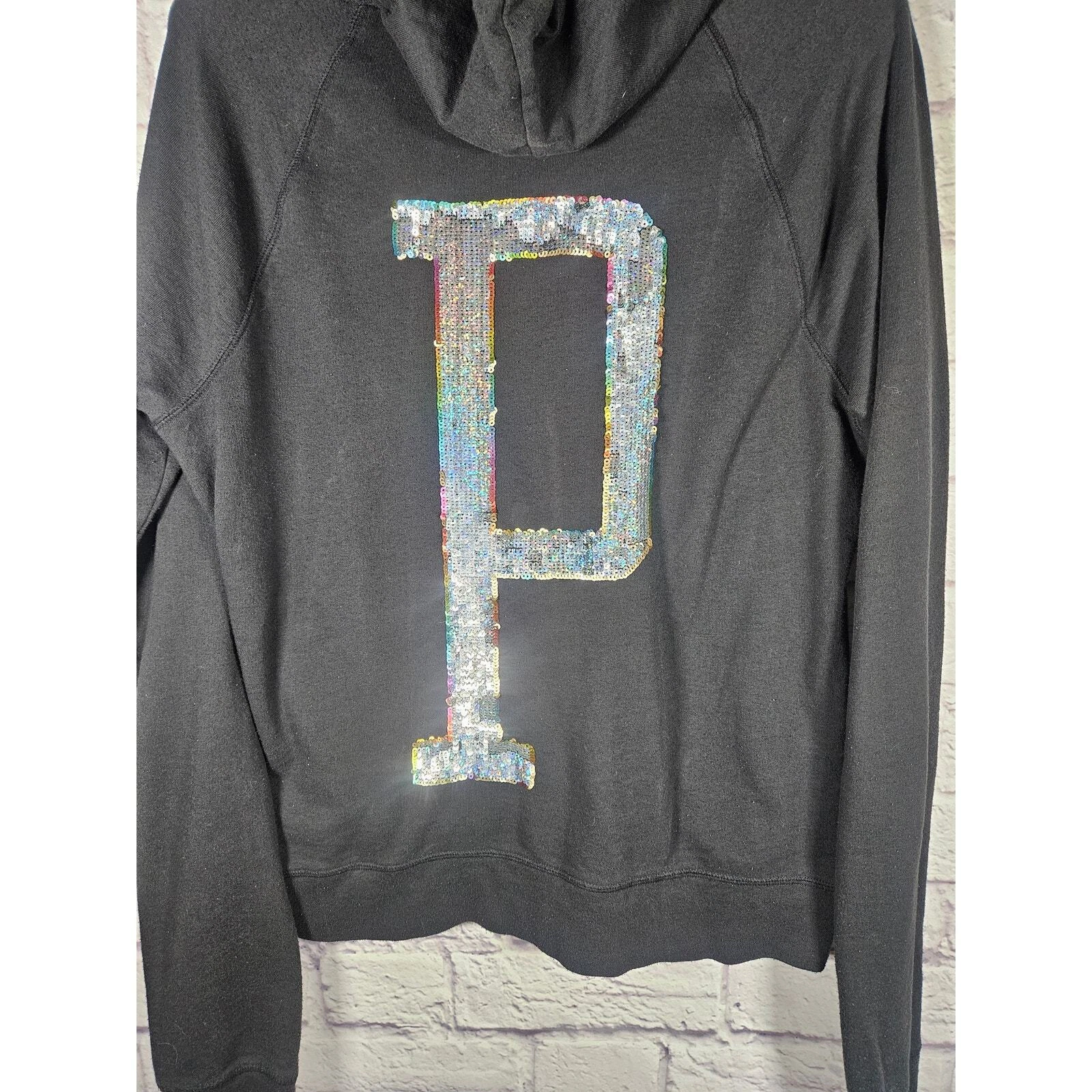 UNDERCOVER Felpa con cappuccio Victoria's Secret rosa Y2K nera paillettes arcobaleno grande scintillante zip anteriore