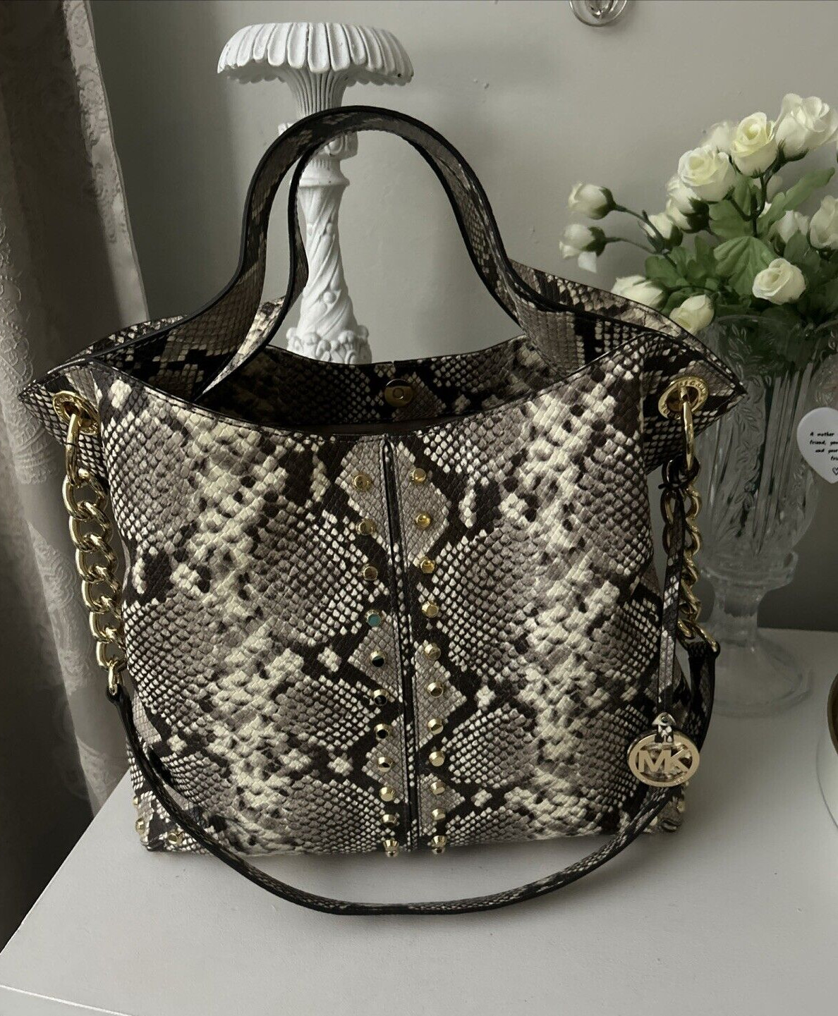 Michael Kors Brown Leather Python Snake Shoulder … - image 14