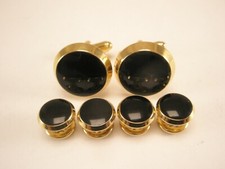Round Black  Gold Formal Vintage Cuff Links Shirt Studs prom tux groom p49