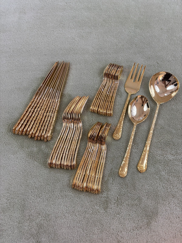 ENCHANTED ROSE gold plated flatware, lot of 50, service 12 missing 1 fork