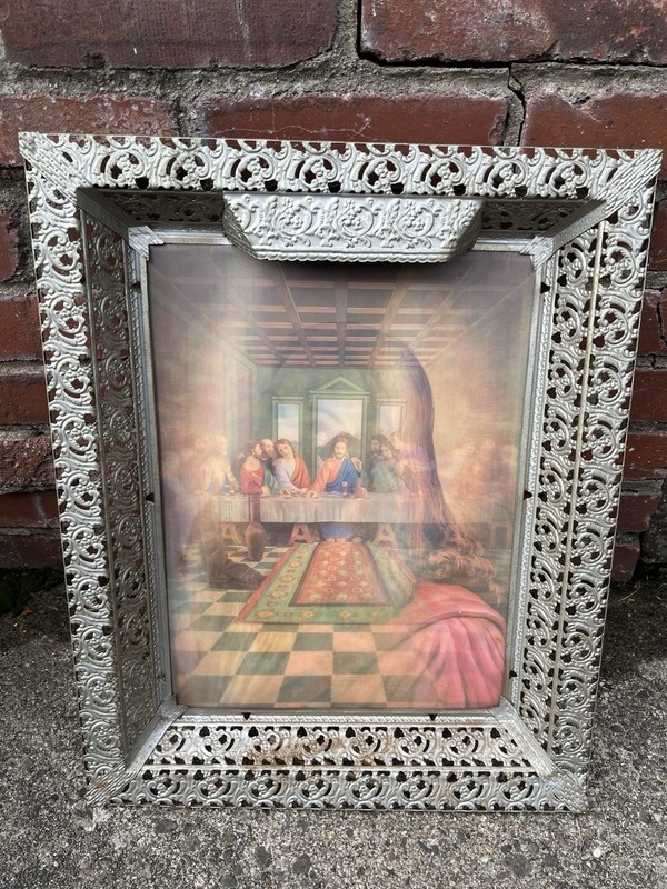 VINTAGE Jesus Last Supper 3D Lenticular Hologram Picture Lighted Metal Frame