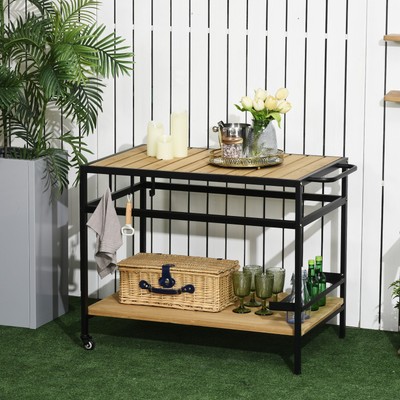 Outsunny Servierwagen, Barbecue Trolley mit 2 Regalen Haken für Garten, Balkon