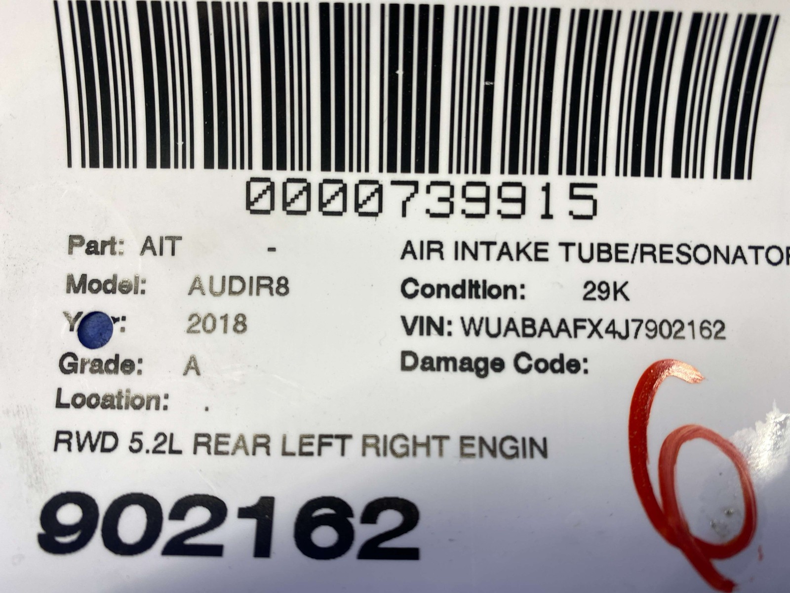 2018 AUDI R8 V10 4S RWS OEM RWD 5.2L REAR LEFT RIGHT ENGINE AIR INTAKE PIPE SET
