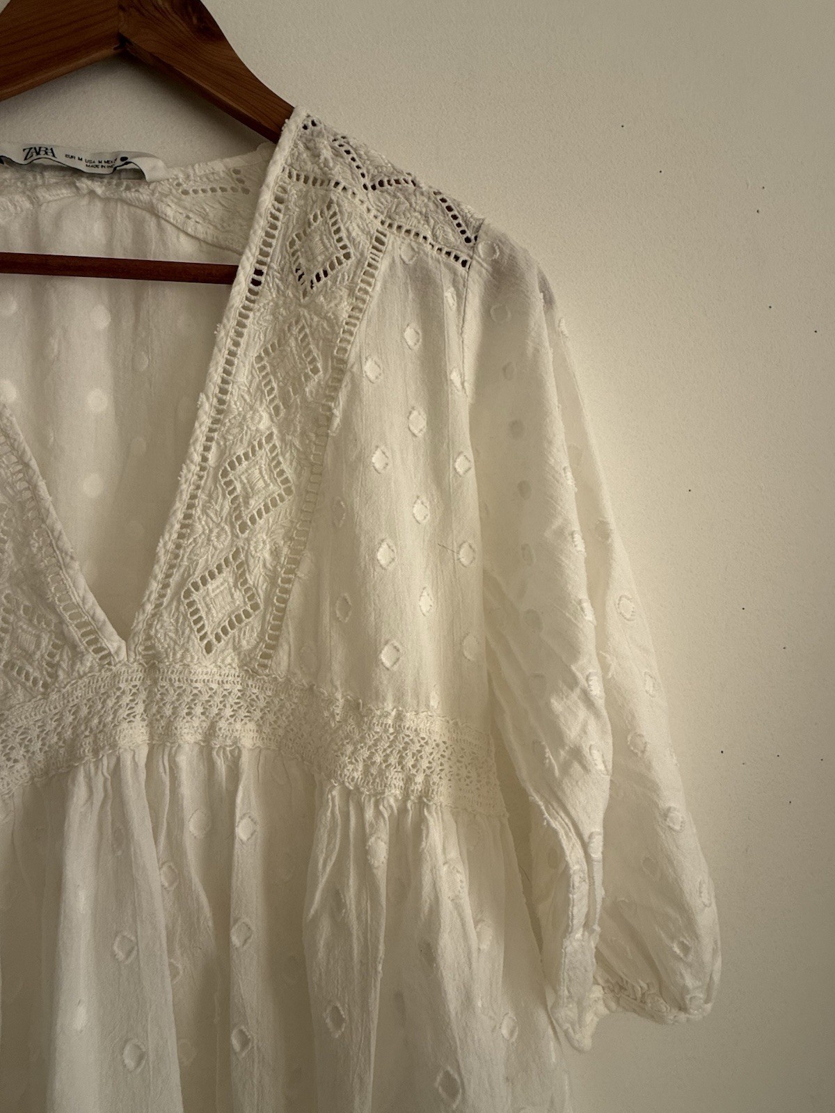 ✿ ZARA White Lace Swiss Dot Boho Midi Dress V-Neck Cotton Size M