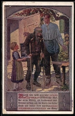Artist postcard Kuderna: Child serving soup to the man with crutches, German S 