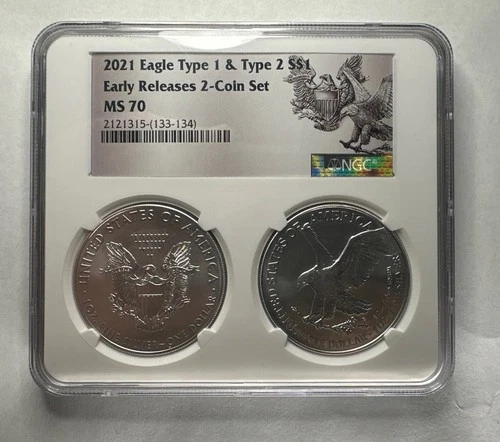 2021 $1 Silver Eagle 2 Coin Set  Type 1 &  Type 2 Early Release NGC MS70