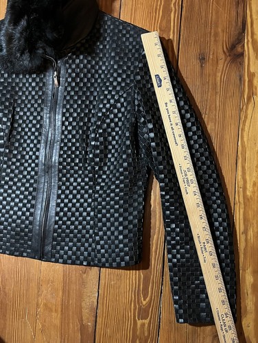 Marvin Richards Jacket Leather Suede Moto Basket Weave fur Collar Check Black L - Picture 10 of 15