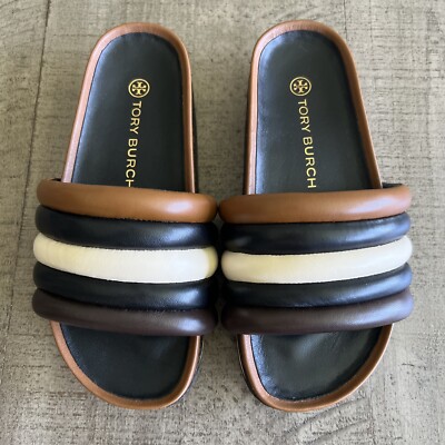 Tory Burch Quilted Nappa Leather Platform Slides Sandals Size Womens 