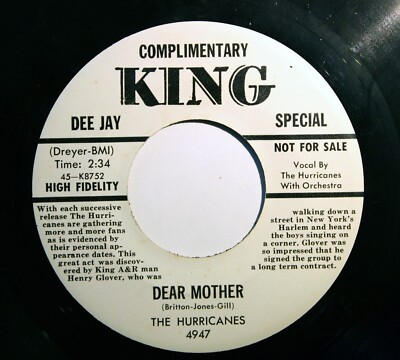 HURRICANES Doo Wop REPRO DJ 45rpm Dear Mother b/w You May Not Know HEAR