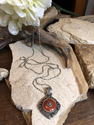 Vintage NF Sterling 925 Carnelian Marcasite Twisted Chain
