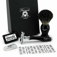 Double Edge Safety Razor  Pure Black Badger Brush Combo Shaving Set Classic Kit