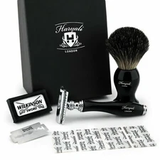 Double Edge Safety Razor & Pure Black Badger Brush Combo Shaving Set Classic Kit