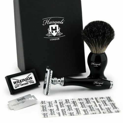 Double Edge Safety Razor & Pure Black Badger Brush Combo Shaving Set ...