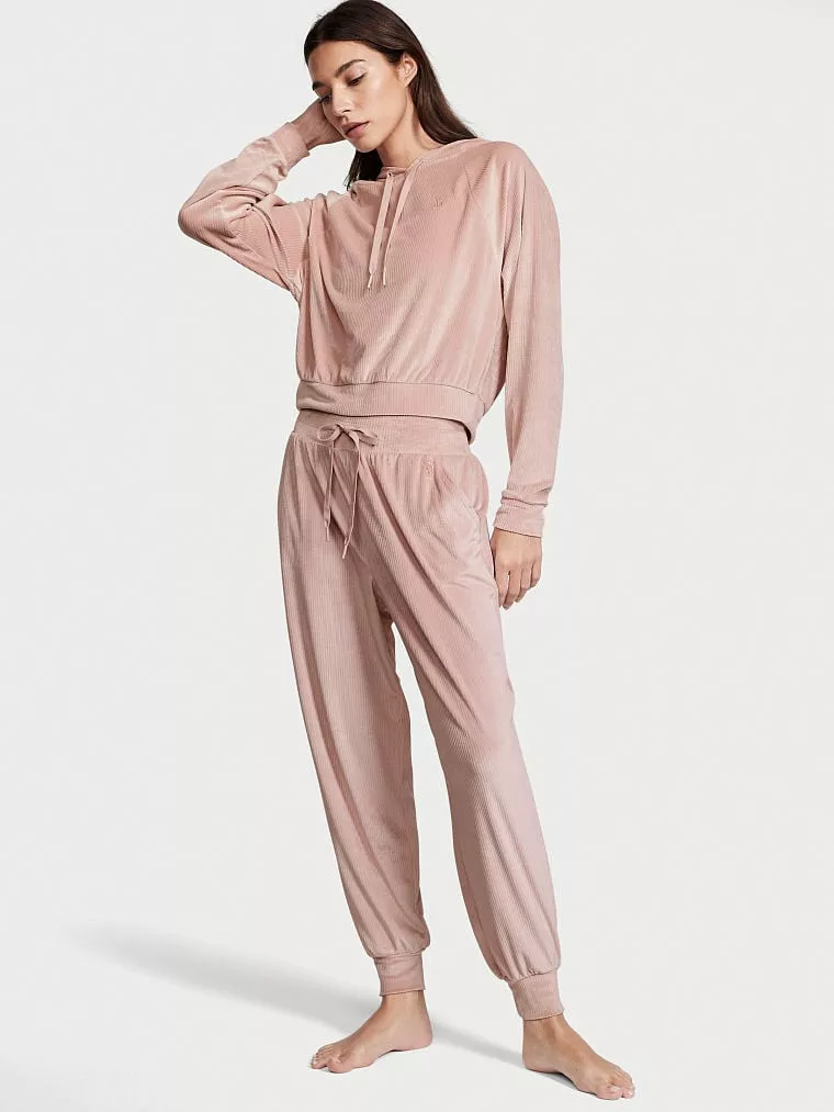 Victoria's Secret TRACKSUIT SET L Hoodie+L jogger pants beige MAUVE VELOUR  rib