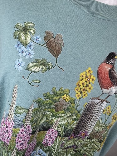 Flower Print T-Shirt Birds Outdoor Farm Country Cottagecore Vintage 90s Size L - Picture 4 of 7