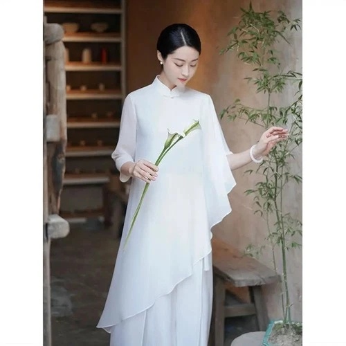Chinese Style Chiffon Zen Dance Clothes Retro Style Hanfu Ruffles Women's Dress - Picture 3 of 19