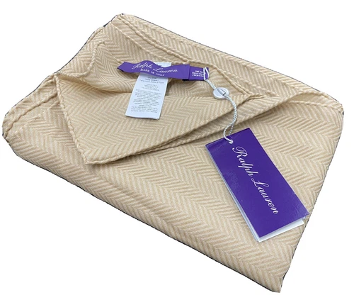 Ralph Lauren Purple Label Large Tan Herringbone Cashmere Scarf Made in Italy