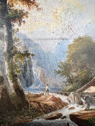Antique Old French Landscape Oil Painting Germain Postelle House River People - Picture 5 of 12
