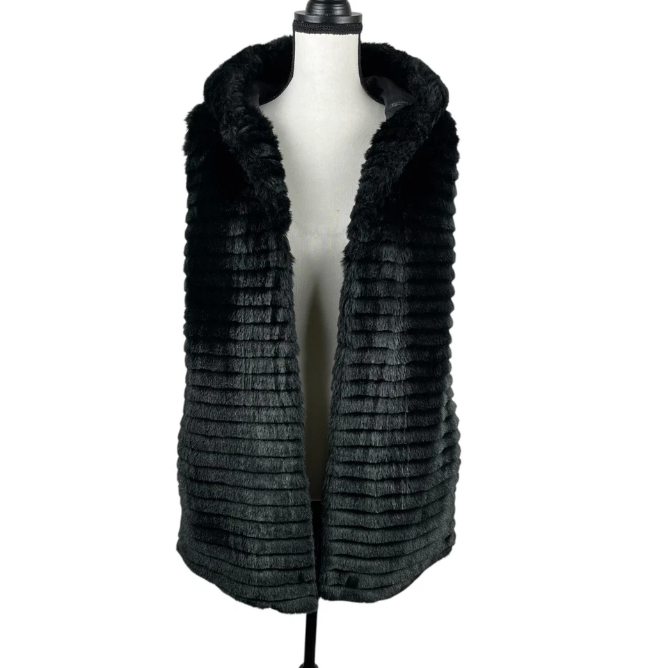 Nanette Lepore Women's Vest Size XS Black Faux Fur Hooded Sleeveless Pockets - Image 2 of 4