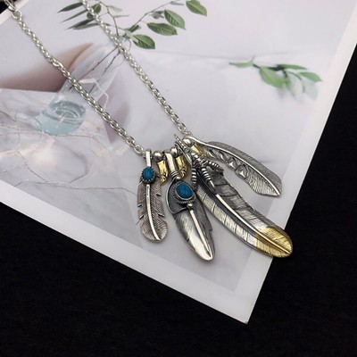 Real Solid 925 Sterling Silver Turquoise Necklace Pendant Feather Eagle 22''-30''