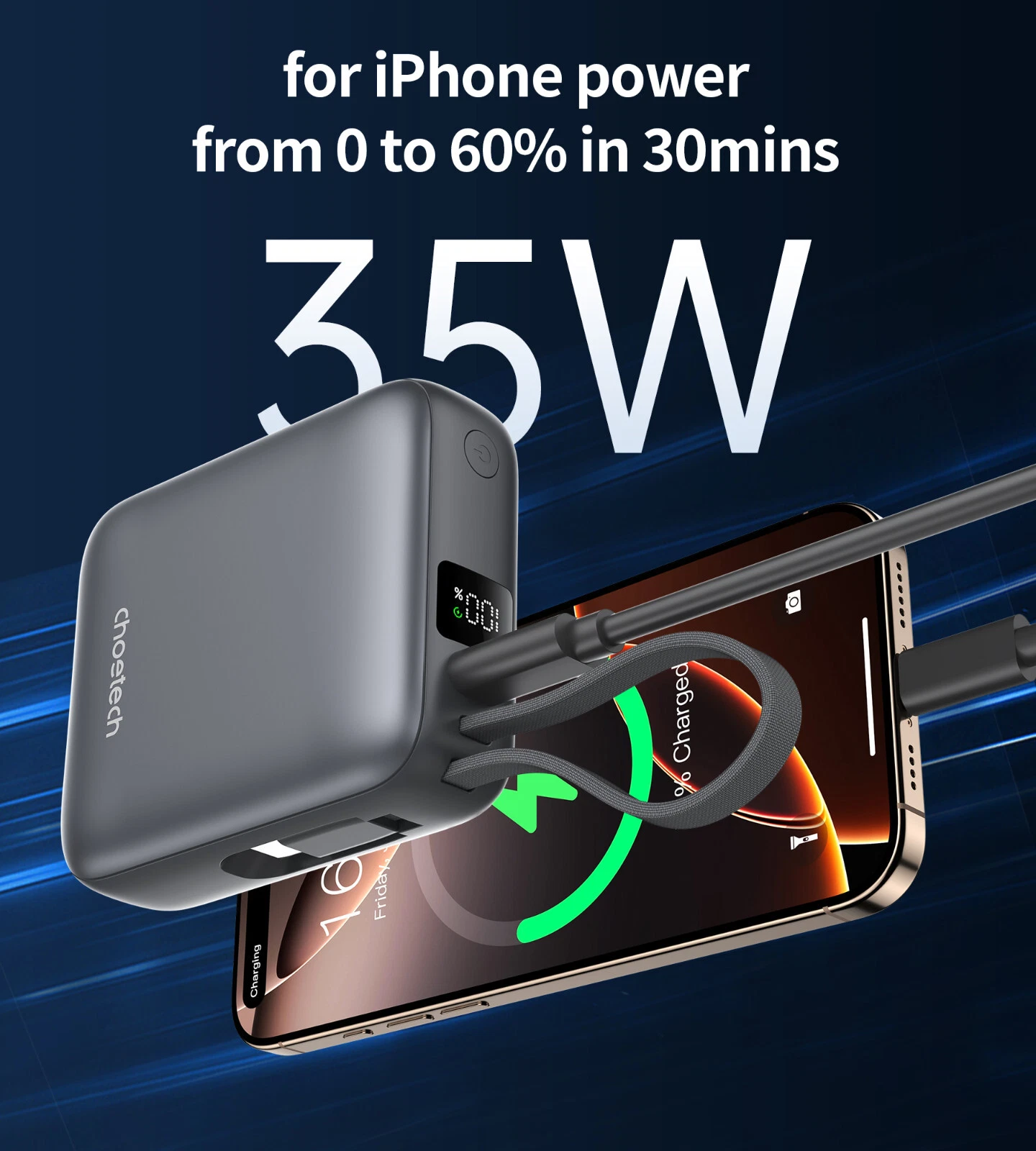 Power Bank B832-GY CHOETECH Mini 10000mAh 35W con pantalla y cable integrado