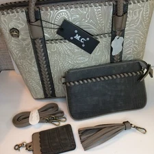 Madi Claire GRAY Genuine LEATHER Embossed tote bag & purse set NEW w tags