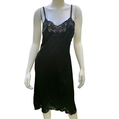 Vintage 70s Wonder Maid Slip Dress Sz 36 Black Lace Non Cling ILGWU Antron  Nylon
